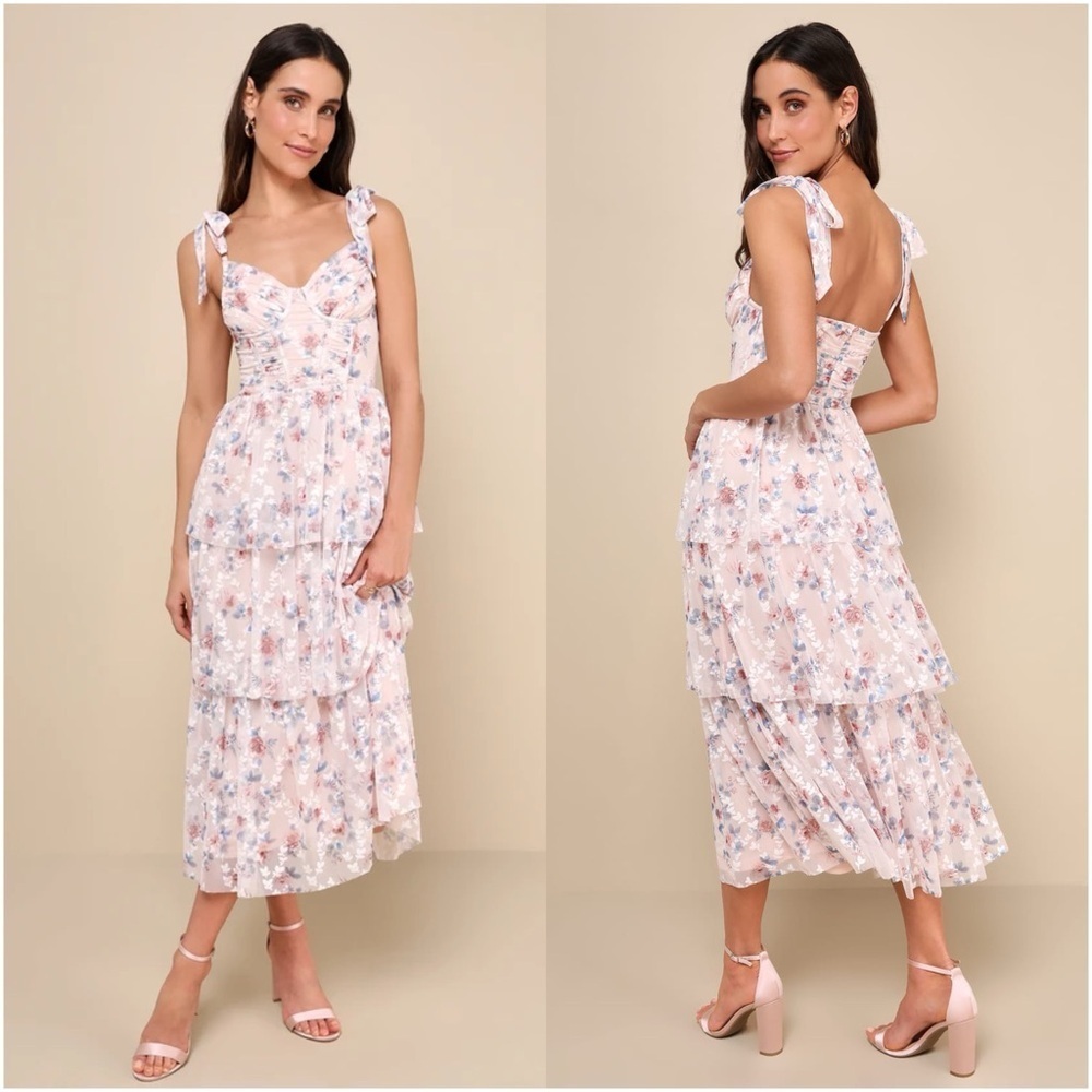 Lulu's Blush Floral Midi Dress with Blue Accents